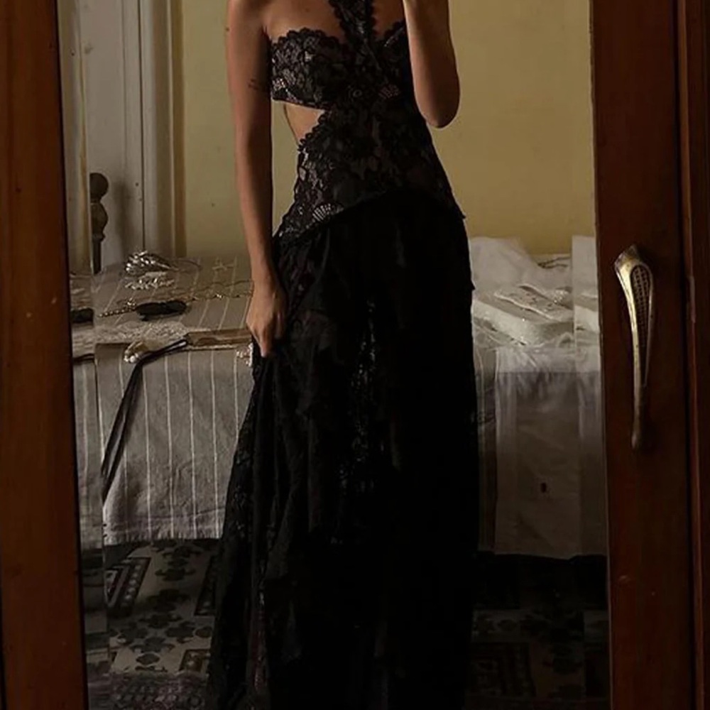 12th Tribe Black Lace Maxi Dress with Cutout Bodice